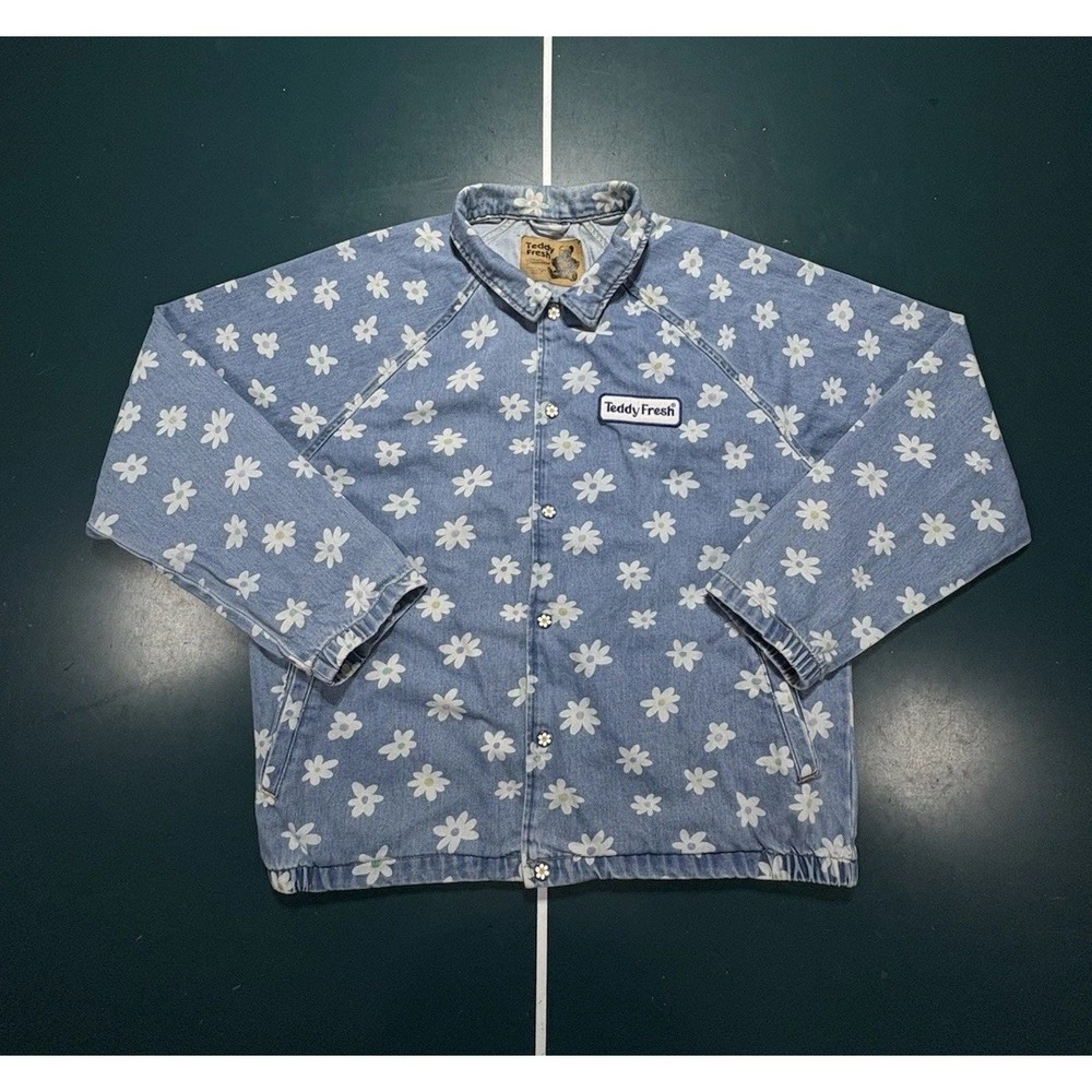 Teddy Fresh Daisy Denim Jacket Size XL Snap Buttons Floral AOP Blue Unisex Rare